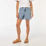 Short de jean celeste con bordados de flores blancas.