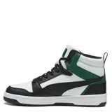 Championes Puma Rebound V6 de caña alta, color blanco con detalles en negro y verde.