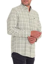 Camisa de franela de algodón orgánico con cuello americano abotonado, manga larga, corte regular y estampado a cuadros en tonos azul, blanco y rojo.