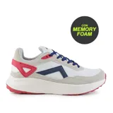 Championes deportivos American Sport Tanner, color blanco con detalles en gris, azul y rojo. Capellada de malla y superposiciones de cuero sintético.