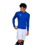 Remera deportiva negra de manga larga con orificio para el pulgar y logo de Umbro estampado en el pecho.