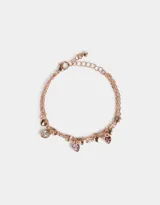 Pulsera de eslabones bañada en oro rosa, con doble cadena y dijes colgantes de corazones lisos y corazones con strass.