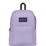 Mochila JanSport color lila, modelo Superbreak Plus, con compartimento interno para laptop y bolsillo lateral para botella.
