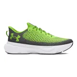 Zapatillas de running Under Armour Infinite para mujer, con capellada de tejido knit degradado en tonos gris y verde flúor, logo de la marca en el talón y suela blanca con tecnología HOVR.