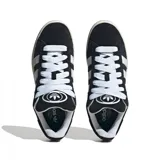 Championes Adidas Campus 00S de gamuza negra con las tres tiras laterales en blanco, cordones blancos y suela de goma color caramelo.