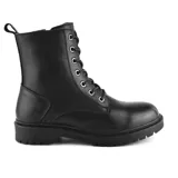 Bota de cuero color marrón con cordones y suela de goma negra.