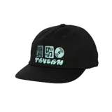 Gorro negro con visera curva y bordado frontal con la frase "High Life Rhythm" e ilustraciones de una nota musical y un disco de vinilo.