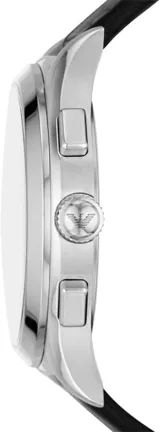 Reloj Emporio Armani con correa de cuero negra, caja plateada y esfera negra con cronógrafo.