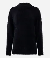 Suéter marrón de punto con cuello redondo y mangas largas ajustadas. Diseño slim alargado con efecto de pelitos.