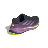 Championes de running Adidas Supernova Rise, color gris oscuro con detalles en violeta y amarillo.