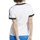 Remera blanca de corte ajustado con cuello redondo y mangas cortas con ribete negro. Presenta las tres bandas características de Adidas en color negro sobre los hombros y el logo de la marca bordado en el pecho.