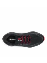 Zapatillas de trail running Columbia Konos Trillium ATR para hombre, color negro con detalles en gris y rojo. Cuentan con tecnología Omni-MAX™ para amortiguación y estabilidad, entresuela Techlite+™ para comodidad y suela Adapt Trax™ para tracción en terrenos variados.