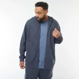 Buzo azul de piqué con cierre de cremallera frontal, capucha con cordones ajustables y bolsillos laterales.