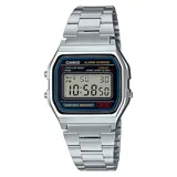 Reloj digital Casio modelo A158WA-1DF con caja y correa de acero inoxidable color plateado.