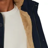 Campera azul marino con capucha forrada en sherpa, cierre frontal con botones y cremallera, bolsillos en el pecho y logo Rip Curl en parche de PU.