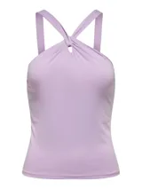 Top sin mangas color lila, con cuello halter y espalda descubierta.