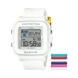 Reloj digital Casio Baby-G blanco con detalles en colores.