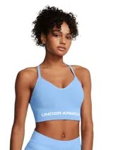 Top deportivo Under Armour Vanish Seamless Low, color celeste con logo de la marca en el frente.