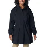 Campera impermeable Columbia para mujer, modelo Splash Side II. Color negro, con capucha ajustable, cintura ajustable con cordón, bolsillos para las manos, puños elásticos y faldón posterior.