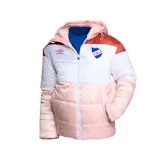 Campera puffer con capucha del Club Nacional de Football, con diseño color block en blanco, rosa y marrón. Incluye logo de Umbro y escudo del club.