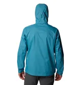 Campera impermeable Columbia Evapouration Jacket, color celeste, con capucha ajustable, cierre frontal completo, bolsillos laterales con cierre y ventilación en las axilas.