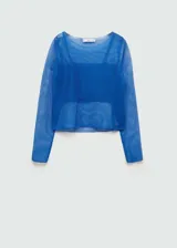 Jersey azul de tejido de punto fino semitransparente, con cuello redondo y mangas largas.