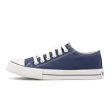 Zapatillas bajas John Foos modelo 182, color azul marino, con capellada de lona, forrería de algodón blanco, plantilla extraíble de caucho moldeado, cordones de algodón blanco y suela de caucho vulcanizado.