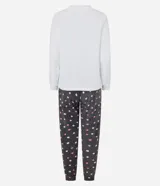 Conjunto de pijama largo confeccionado en fleece, compuesto por una blusa de manga larga con bordado de gatito comiendo pizza y un pantalón con cintura elástica y estampado de lunares.