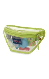Riñonera transparente con ribetes negros y logo de JanSport en el frente. Tiene un compartimento principal con cierre y correa ajustable con hebilla.