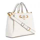 Cartera grande color blanco de Guess, con detalles dorados y cierre principal.