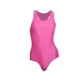 Malla de natación para mujer, color fucsia, con diseño de tiro bajo y espalda deportiva.
