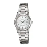 Reloj Casio para mujer, modelo LTPV002D-7AUDF, con caja y pulsera de acero plateado y esfera blanca. Resistente al agua hasta 30 metros.