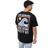 Remera negra de manga corta con logo de la marca Rusty estampado en el pecho. Corte clásico.