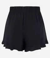 Short de pijama negro de viscosa con cintura elástica y lazo contrastante color rosa.