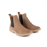 Bota Chelsea de cuero color chocolate, con elásticos laterales negros y tirador trasero.