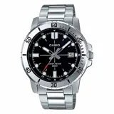 Reloj Casio plateado con caja de acero inoxidable de 45mm, esfera negra, bisel plateado con números y correa de acero inoxidable. Resistente al agua 50m.