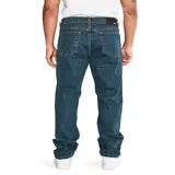 Pantalón de jean de corte recto, color azul oscuro, con cinco bolsillos y logo de CAT en la parte trasera.
