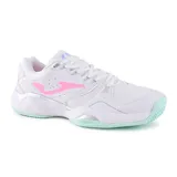 Championes deportivos Joma Master 1000 Lady para mujer, color blanco con detalles en rosa y celeste. Diseñados para tenis y training, con suela de goma para canchas de tierra batida y tecnología EVA para mayor comodidad.