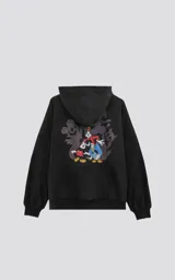 Buzo negro con capucha, calce oversize y estampado de Mickey Mouse en el pecho.