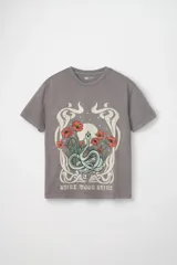 Remera de manga corta color gris claro con cuello redondo. Presenta un estampado central de estilo místico/bohemio con una serpiente enroscada rodeada de amapolas rojas y un fondo de luna, enmarcado por motivos art nouveau.
