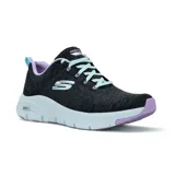 Championes Skechers Arch Fit Comfy Wave color negro con detalles en lila y celeste. Capellada de malla knit, cordones, plantilla Arch Fit removible y media suela con amortiguación.