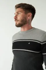 Sweater de punto con cuello redondo, manga larga y diseño a rayas horizontales en tonos gris, azul marino y verde oliva. Logo bordado en el pecho.