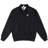 Campera negra con cuello camisero, cierre frontal con cremallera, bolsillos laterales con botón y logo bordado en el pecho.
