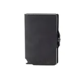 Billetera negra de cuero con caja de aluminio incorporada con sistema de deslizamiento para tarjetas, protección RFID, espacio para 5 tarjetas, sección para hasta 7 billetes y espacio adicional para libreta de propiedad y de conducir.