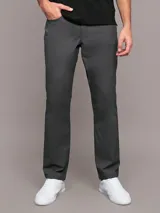 Pantalón gris oscuro de corte slim, con bolsillos laterales y traseros.