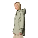 Campera impermeable larga Columbia Hikebound II para mujer, color verde oliva. Confeccionada con tecnología Omni-Tech™ y costuras selladas. Cuenta con capucha ajustable, cierre frontal con solapa, cintura ajustable con cordón, puños ajustables, bolsillo oculto en el pecho y bolsillos con cremallera para las manos.
