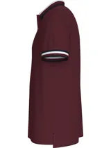 Chomba Tommy Hilfiger color borgoña de corte regular, confeccionada en algodón orgánico y elastano. Presenta cuello tipo polo con cartera de dos botones, detalles distintivos de la marca y logo bordado en el pecho.