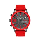 Reloj Diesel para hombre, con caja de acero color gris plomo, bisel rojo, dial gris con detalles en rojo y correa de silicona roja.