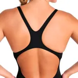 Malla de natación de una pieza Arena, color negro liso, con tirantes finos y espalda deportiva. Presenta el logo de Arena en blanco en el pecho.