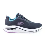 Championes deportivos Skechers Skech-Air Meta, color gris oscuro con detalles en celeste y violeta. Capellada de malla, plantilla Skechers Air-Cooled Memory Foam y entresuela con cámara de aire visible Skech-Air.